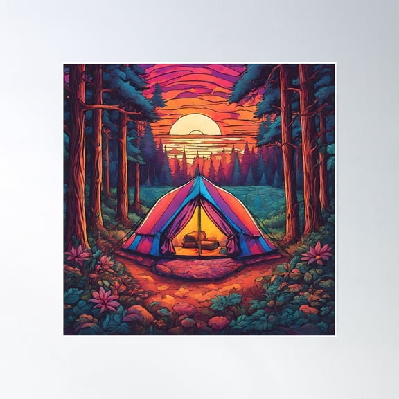 Psychedelic Tent Sunset Poster Wall Art, Modern Wall Decor, 16x16 UNFRAMED