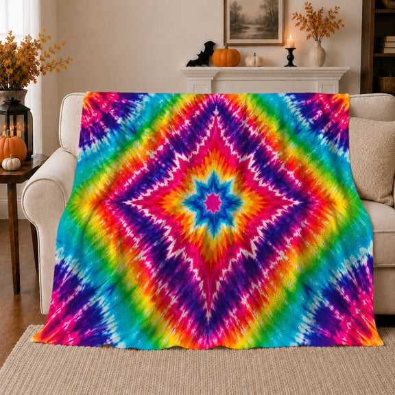 Psychedelic Tie-Dye Starburst Rainbow, Dramatic Artistic Scene, Warm Flannel Blanket for Office and Dorm with Detailed Artwork, Art Lovers Graduation Gift, Artistic Home Decor