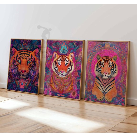 Psychedelic Tiger Poster Set Trippy Jungle Animal Prints Home Decor Office Wall Art Set 3