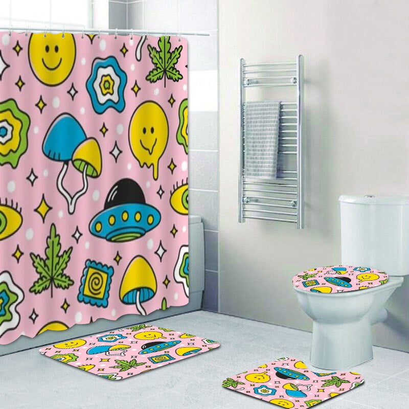 Psychedelic Trippy Alien Pizza 420 Weed Marijuana Leafs Bathroom Curtains Shower Curtain for