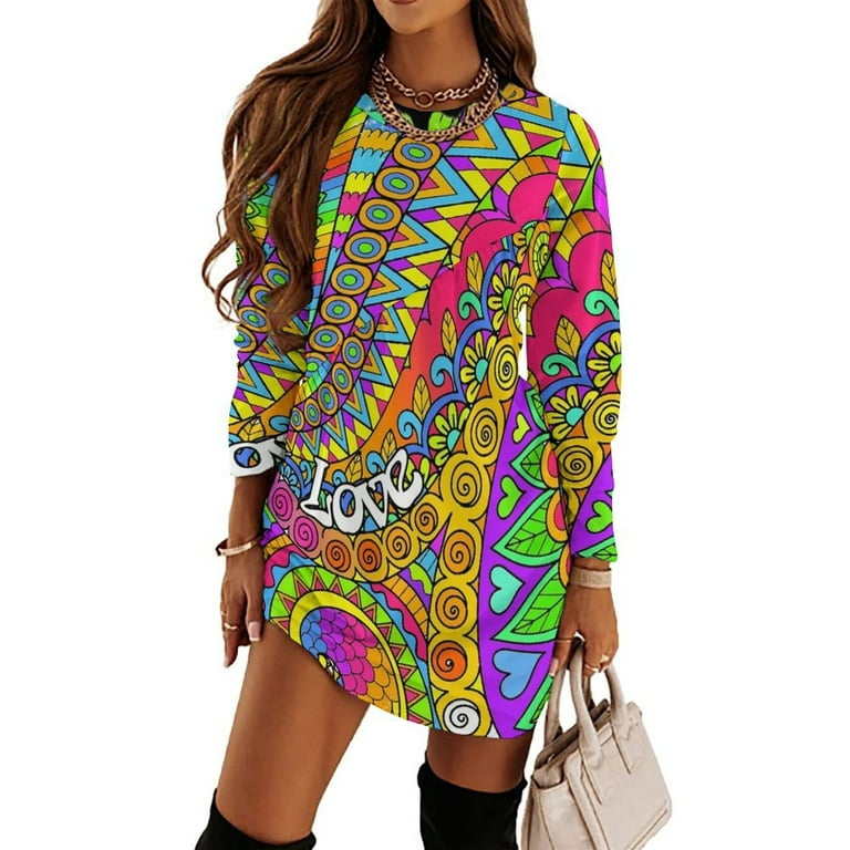 hippy evening dress Psychedelic Trippy Colorful Hippy Art Loose Dress Evening Dress Summer  Dresses for Women Luxury Dress Long Sleeved Dress