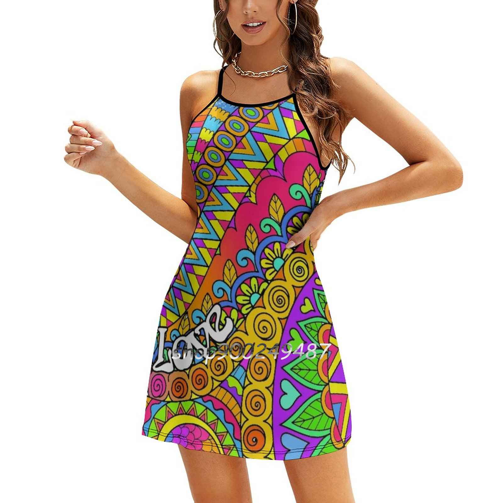 Psychedelic Trippy Colorful Hippy Art Square Neck Dress Cute Loose ...