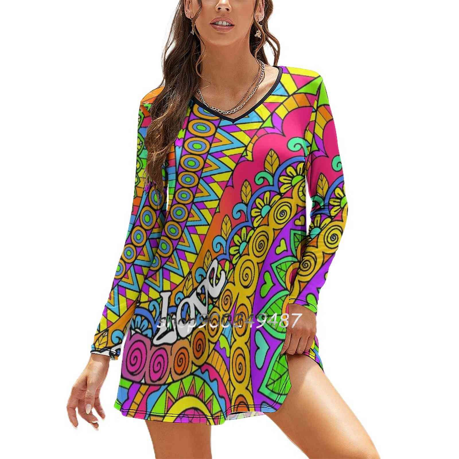 Psychedelic Trippy Colorful Hippy Art Square Neck Dress Cute Loose