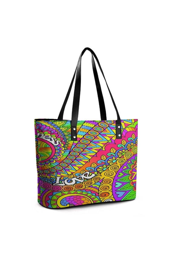 Psychedelic Trippy Colorful Hippy Art Woman Leather Handbags Large Tote Bag Fashion Portable Handbags With Zipper
