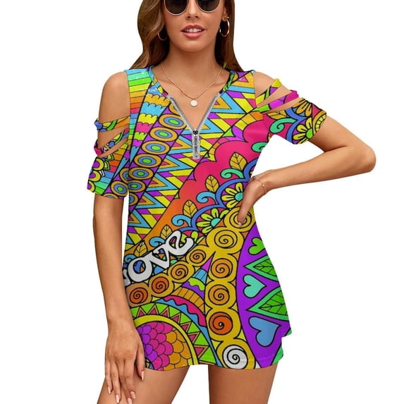 Psychedelic Trippy Colorful Hippy Art Womens Summer V Neck Zipper Top Short Sleeve T Shirt Off Shoulder Top Casual Classy Loose Shirts