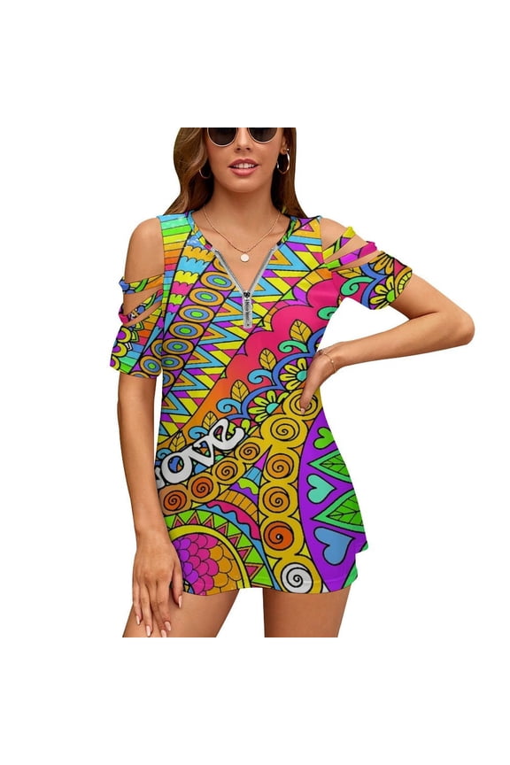 Psychedelic Trippy Colorful Hippy Art Womens Summer V Neck Zipper Top Short Sleeve T Shirt Off Shoulder Top Casual Classy Loose Shirts