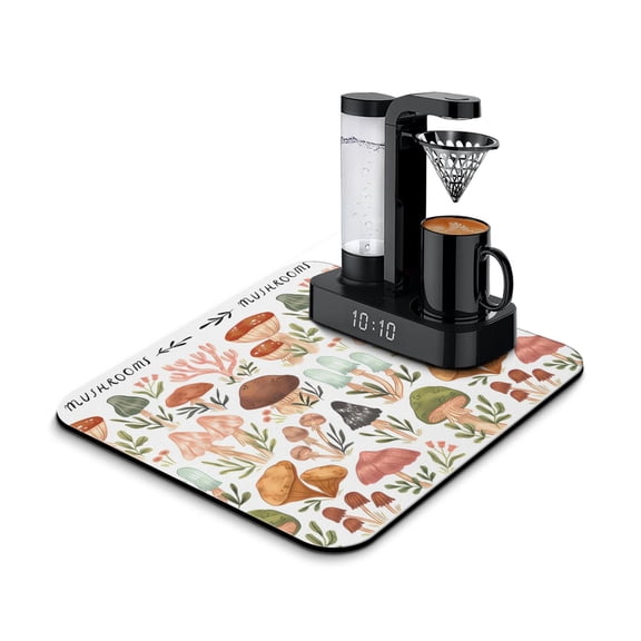 Psychedelic Trippy Mushroom Coffee Bar Mat, Absorbent Diatom Mud Dish Drying Pad with Gothic Aesthetic Fungi, Magical Forest Mushroom Kitchen Decor