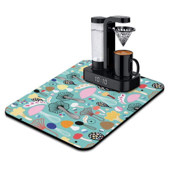 Psychedelic Trippy Mushroom Coffee Bar Mat, Absorbent Diatom Mud Dish Drying Pad with Gothic Aesthetic Fungi, Magical Forest Mushroom Kitchen Decor