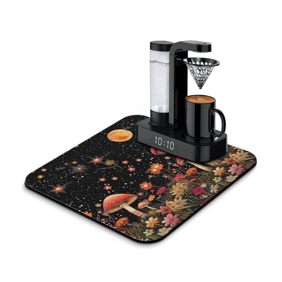 Psychedelic Trippy Mushroom Coffee Bar Mat, Absorbent Diatom Mud Dish Drying Pad with Gothic Aesthetic Fungi, Magical Forest Mushroom Kitchen Decor