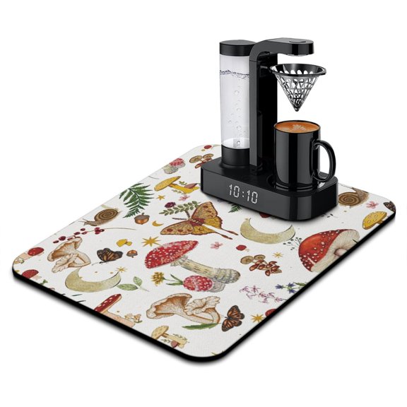 Psychedelic Trippy Mushroom Coffee Bar Mat, Absorbent Diatom Mud Dish Drying Pad with Gothic Aesthetic Fungi, Magical Forest Mushroom Kitchen Decor