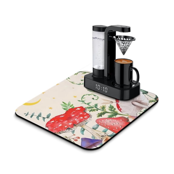 Psychedelic Trippy Mushroom Coffee Station Mat 4-Layer Absorbent Pad, Neon Mushroom Design, Slip-Resistant Base