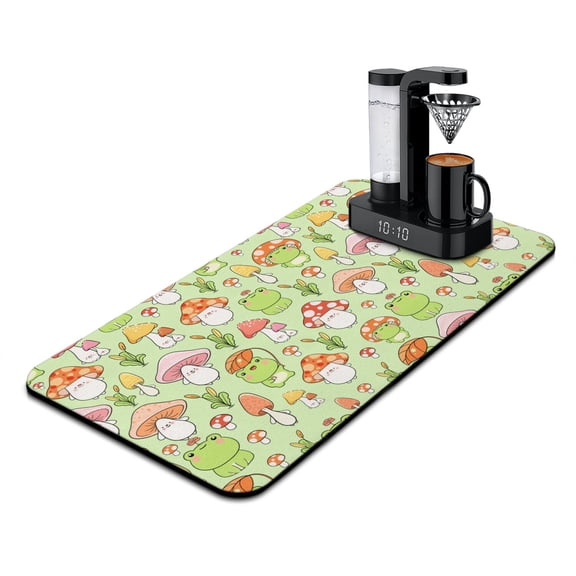 Psychedelic Trippy Mushroom Coffee Station Mat 4-Layer Absorbent Pad, Neon Mushroom Design, Slip-Resistant Base