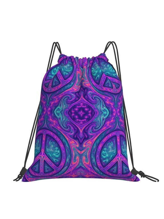Psychedelic Trippy Peace Large Drawstring Backpack Casual Cinch Sack Bag Backpack for Sports Hiking Travel Gym