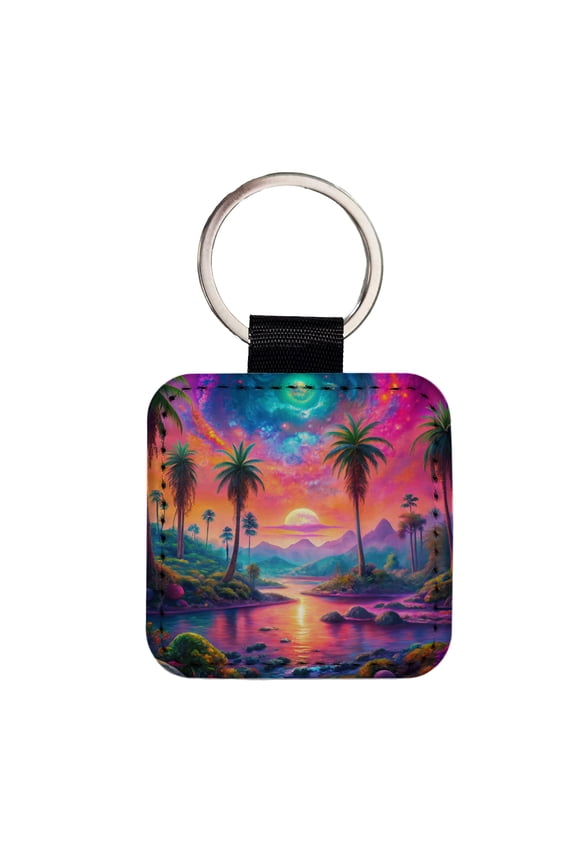 Psychedelic Tropical Palm Trees Colorful Scene Faux Leather Square Keychain