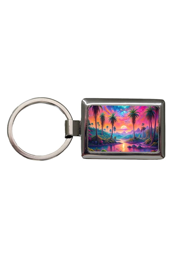 Psychedelic Tropical Palm Trees Colorful Scene Metal Rectangle Keychain