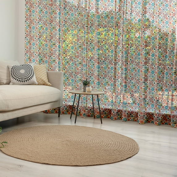 Psychedelic Tulle Curtains with Rod Pocket, Vintage Style Colorful Nested Circles Psychedelic Bubbles Pattern Art, Sheer Drape for Wedding Party 2 Panels, 7 Sizes, Orange Yellow, by Ambesonne