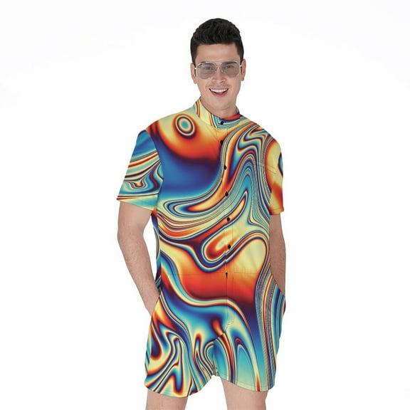 Psychedelic Wave Short Sleeve Men'S Rompers, Psychedelic Casual Summer Jumpsuits Outfit