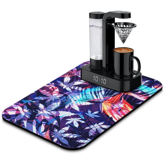 Psychedelic Weed Leaf Dish Drying Mat, Hemp Leaf Coffee Bar Pad, Vibrant Trippy Cannabis Kitchen Mat, Absorbent Diatom Mud Counter Mat with Neon Glow Aesthetic