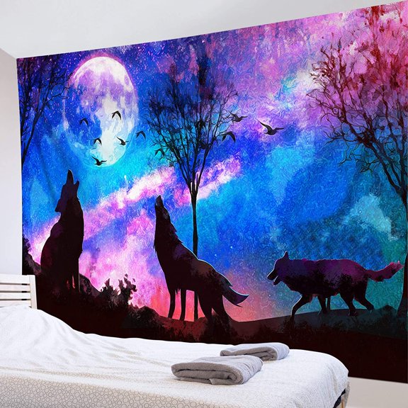 Psychedelic Wolf Tapestry Predator Wolves Howling on Mountain Tapestry Full Moon in Galaxy Starry Sky Tapestry for Boys Mens Bedroom Living Room Dorm Decor 60Wx80L