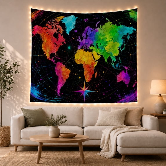 Psychedelic World Map with Compass, Adventurous Psychedelic Style for Travel Lovers, Geography Wall Art, Graduation Gift, Tapestry Wall Hanging for Study Room and Dorm