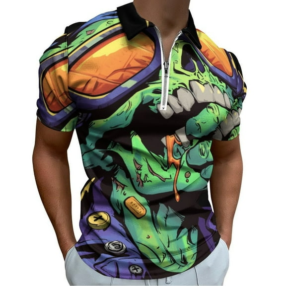 Psychedelic Zombie Skull Print Men Zipper T-shirt Summer Casual Short Sleeve T-shirt Top