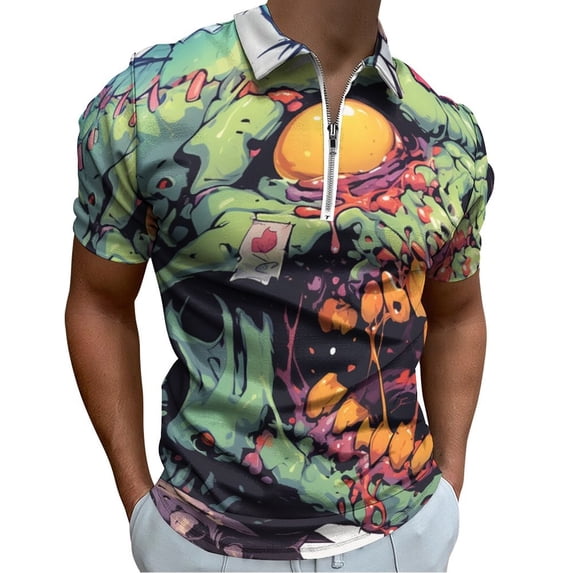 Psychedelic Zombie Skull Print Men Zipper T-shirt Summer Casual Short Sleeve T-shirt Top