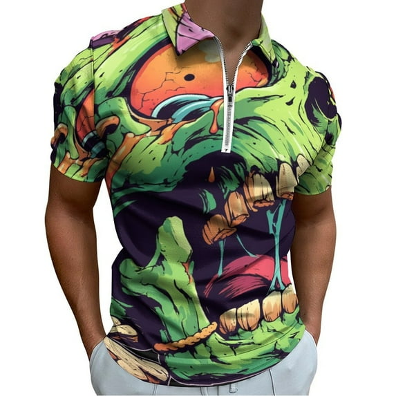 Psychedelic Zombie Skull Print Men Zipper T-shirt Summer Casual Short Sleeve T-shirt Top
