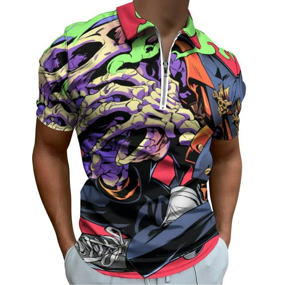 Psychedelic Zombie Skull Print Men Zipper T-shirt Summer Casual Short Sleeve T-shirt Top