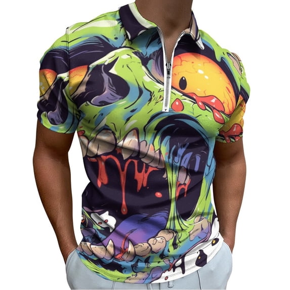 Psychedelic Zombie Skull Print Men Zipper T-shirt Summer Casual Short Sleeve T-shirt Top