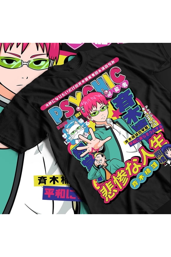 Psychic Esper Saiki Kusuo Graphic Tee - Pink Hair Green Glasses Anime Shirt