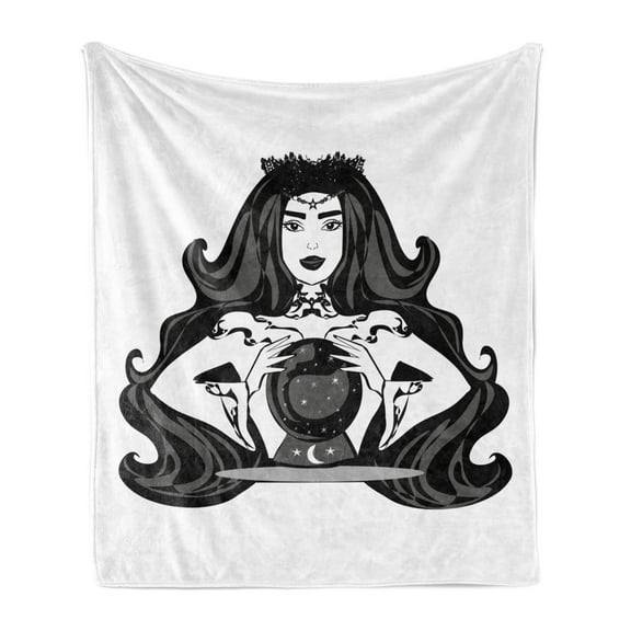 Psychic Soft Flannel Fleece Blanket, Cartoon Fortune Teller Woman Reading the Future from a Crystal Ball, Cozy Plush for Indoor and Outdoor Use, 70" x 90", Charcoal Grey White Grey, by Ambesonne