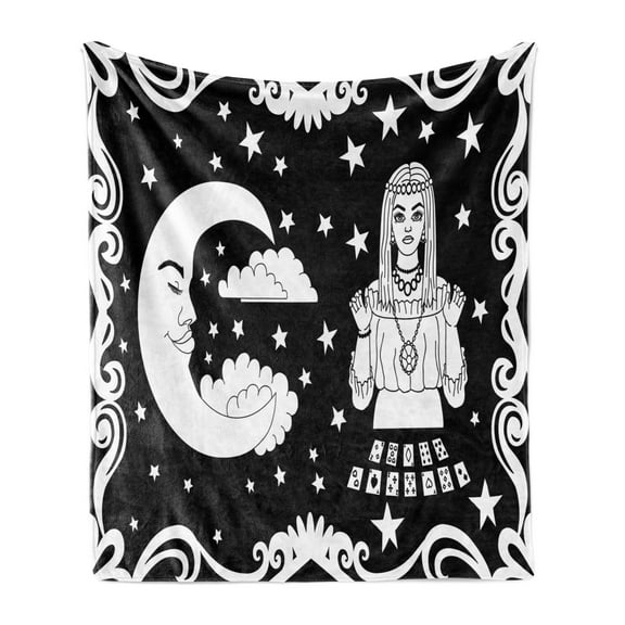 Psychic Soft Flannel Fleece Blanket, Vintage Style Cartoon Monotone Layout Fortune Teller and Crescent Moon, Cozy Plush for Indoor and Outdoor Use, 70" x 90", Charcoal Grey and White, by Ambesonne