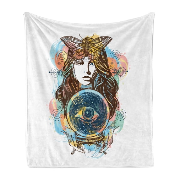 Psychic Soft Flannel Fleece Throw Blanket, Colorful Composition of a Lady Butterfly and All Seeing Eye Fortune Teller, Cozy Plush for Indoor and Outdoor Use, 50" x 70", Multicolor, by Ambesonne