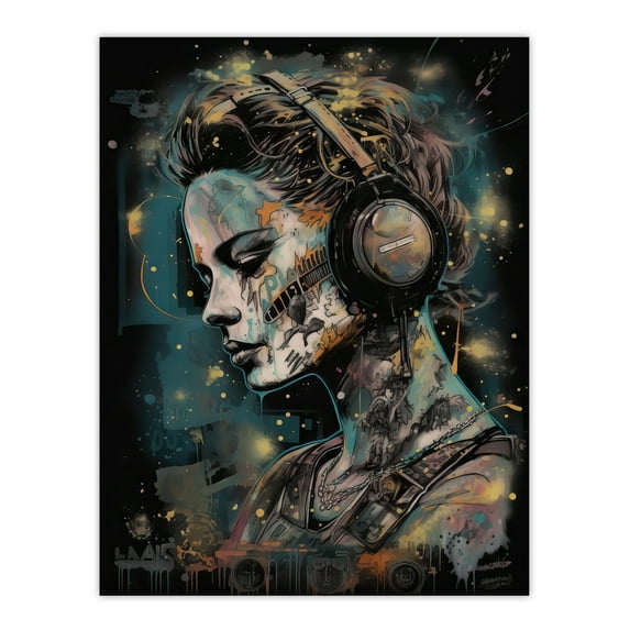 Psychobilly Music Artwork Teal Blue Orange Rockabilly Punk Rock Woman With Headphones Unframed Wall Art Print Poster Home Decor Premium