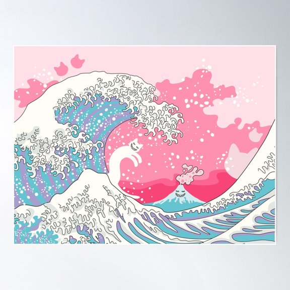 Psychodelic Bubblegum Kunagawa Surfer Cat Poster Wall Art, Modern Wall Decor For Living Room Bedroom, 16x24 UNFRAMED