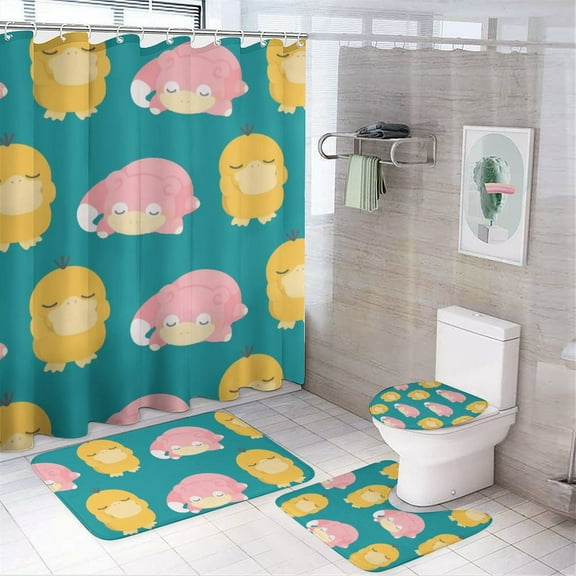 Psyduck 4 Pcs Shower Curtain Set with Non-Slip Rug, Toilet Lid Cover and Bath Mat, Colorful Waterproof Shower Curtain with 12 Hooks, Bathroom Decor Accessories 72" x 72"
