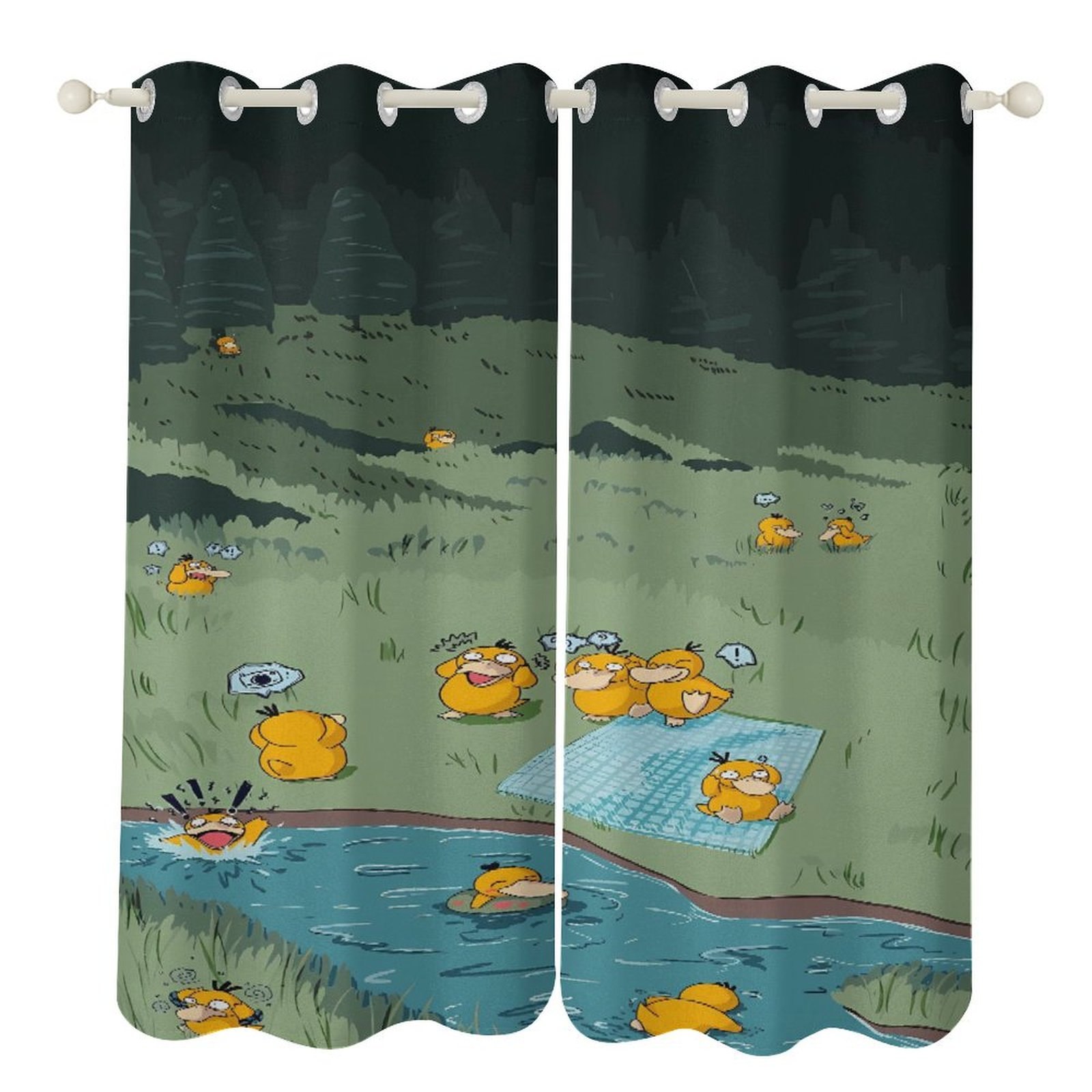 Psyduck Perforated Curtain Blackout Curtains Decorative Apartment Bedroom Living Room Blackout Folding Curtains 2 Piece Set Soft Daylight, Complete Nighttime Blockout, Flexible Light Adjustment, Eff