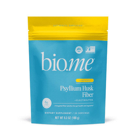 Bio.me Psyllium Husk Powder Fiber Supplement with Electrolytes for Regularity & Bloating Support, Lemonade – 20 Servings