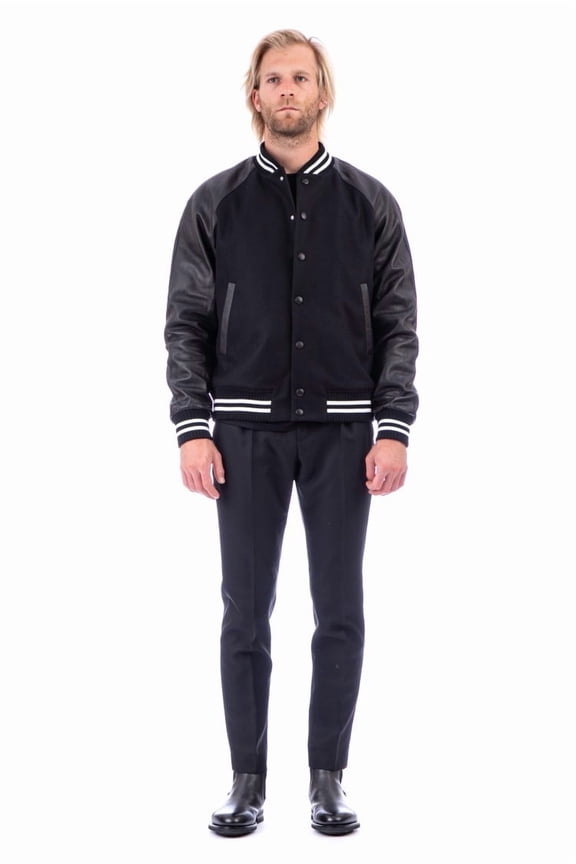 Bimaterial Leather-Wool Jacket With Baseball Collar (Men's)