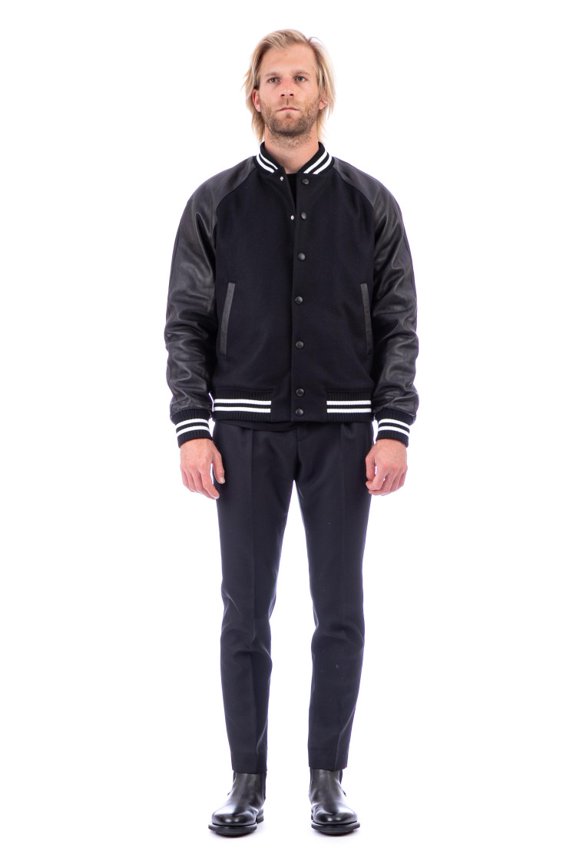 Bimaterial Leather-Wool Jacket With Baseball Collar (Men's)