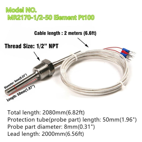 Pt100 Probe Sensor L 50Mm Pt Npt 1/2'' For Reliable Temperature Monitoring
