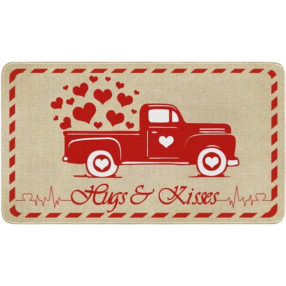 PtRug Valentines Day Door Mat Love Truck Decorative Pink Heart Kitchen Mat Love You Welcome Doormats Sweet Cat Valentines Outdoor Door Mat Hugs & Kisses Floor Mats XOXO Decor 30" X 17"