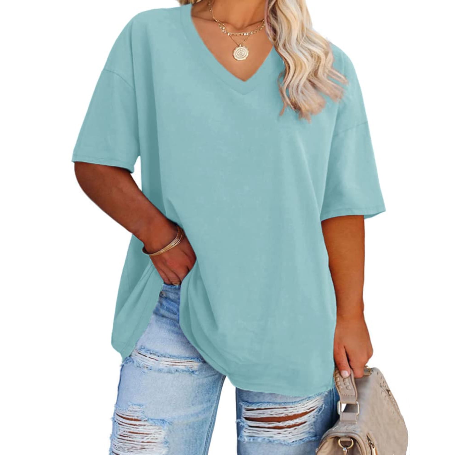 Ptaesos Women's V Neck Plus Size T Shirts, Summer Short