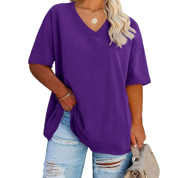 Ptaesos Women's Plus Size V Neck T Shirts Summer Half Sleeve Oversized Tees Casual Loose Fit Tunic Tops