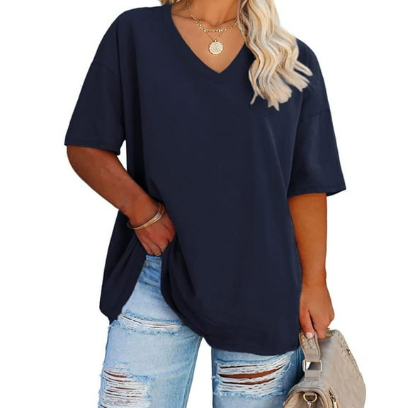 Ptaesos Women's Plus Size V Neck T Shirts Summer Half Sleeve Oversized Tees Casual Loose Fit Tunic Tops