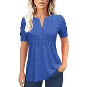 Ptaesos Women's Summer Pleated Button Short Sleeve Tee T-Shirt V-Neck Solid Color Casual top