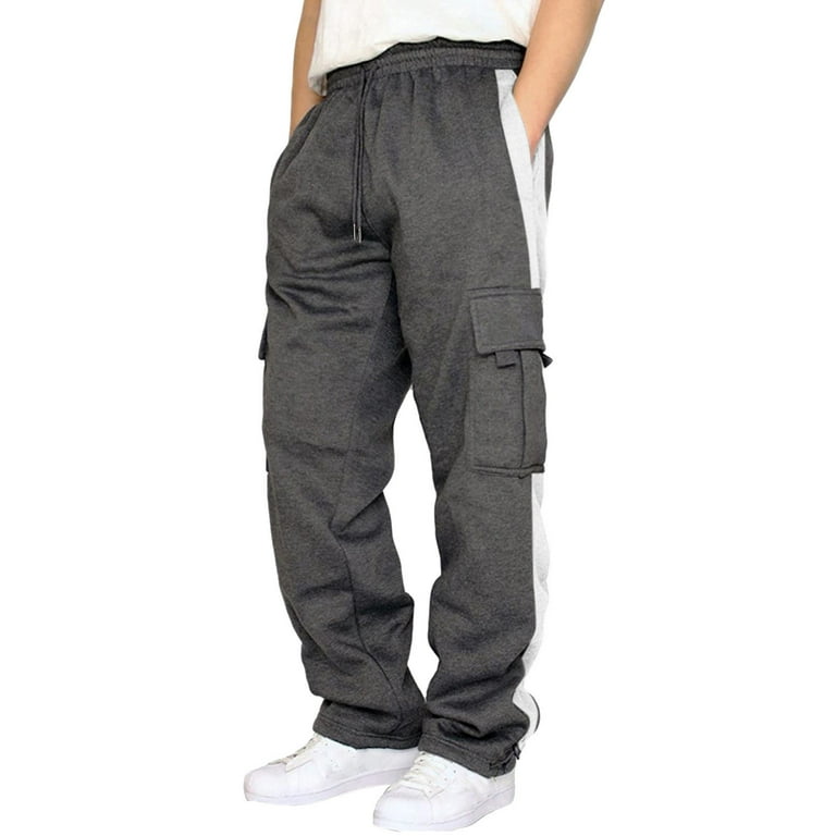 Ptauao Men Joggers Cargo Sweatpants Side Striped Pocket Sports Pants Elastic Waist Drawstring Trousers Loose Fit Straight Leg Color Block Tracksuit