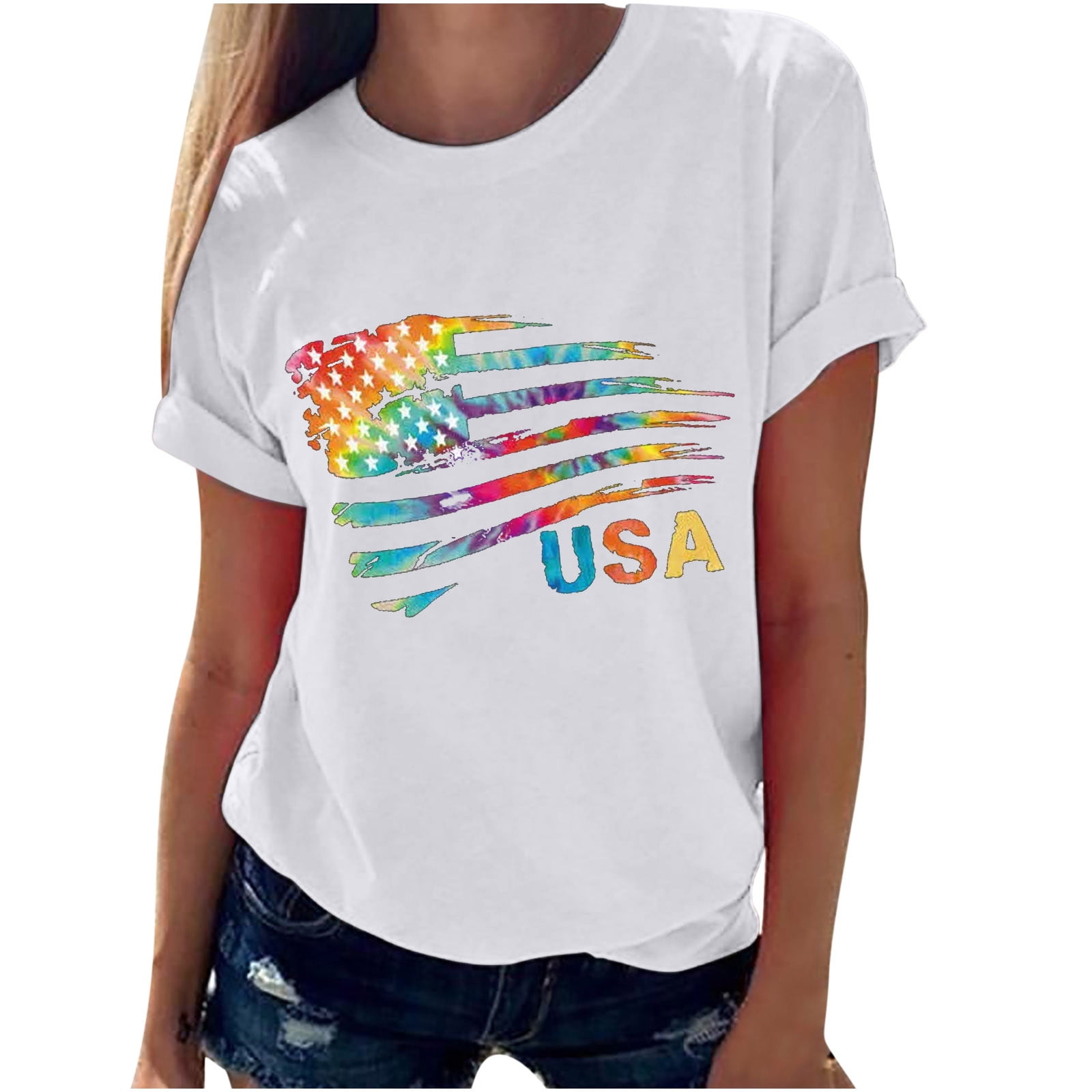 Ptauao Women's Tees Sale Cute USA Flag Print Short Sleeve TShirt
