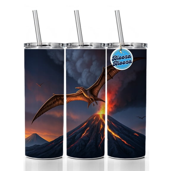 Pterodactylus Volcano Erupting Dinosaur 20oz Insulated Water Bottle Skinny Tumbler Includes Straw