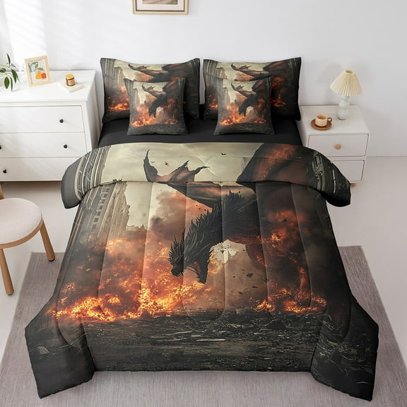 Pterosaur Bed Set Twin Size 7pcs Bed in a Bag, 3D Dragon Fire Smoky Soft Comforter Set, Buildings Wildlife Printed Bedding Comforter Sets, Orange Brown Animals Bed Sheets Set